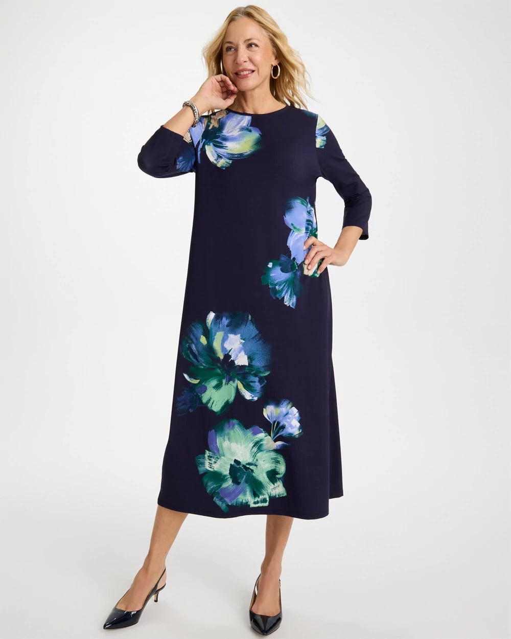 Chico's Customer Favorite - Floral 3/4 Sleeve Maxi Dress Passport Blue