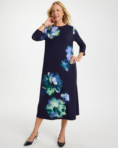 Chico's Customer Favorite - Floral 3/4 Sleeve Maxi Dress Passport Blue