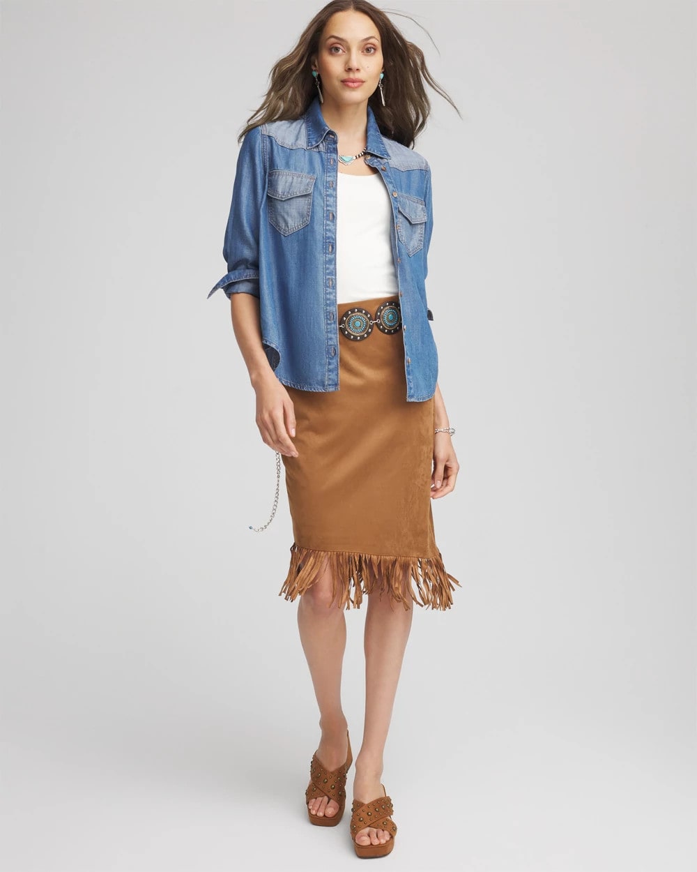 Chico's Essential - Suede Fringed Asymmetrical Skirt Burnt Sienna