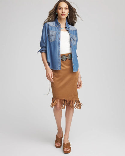 Chico's Essential - Suede Fringed Asymmetrical Skirt Burnt Sienna