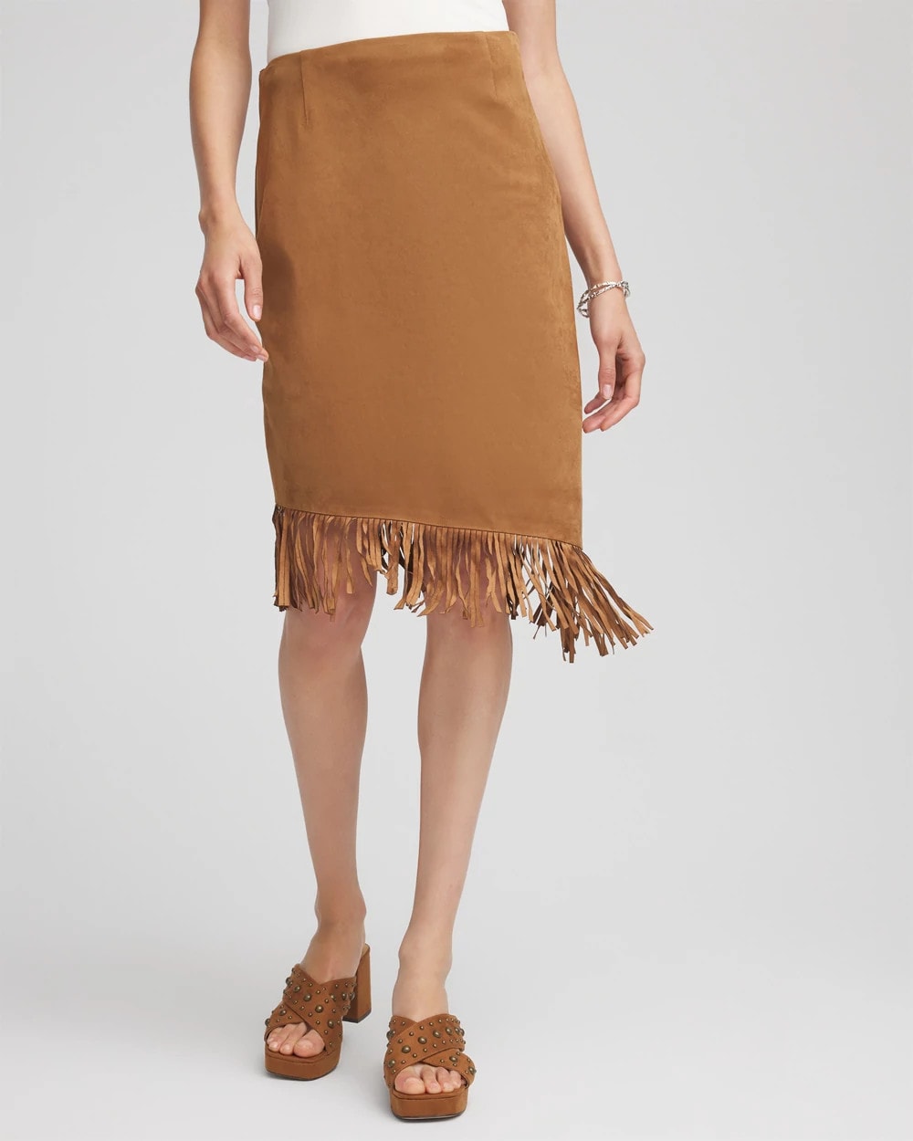 Chico's Essential - Suede Fringed Asymmetrical Skirt Burnt Sienna