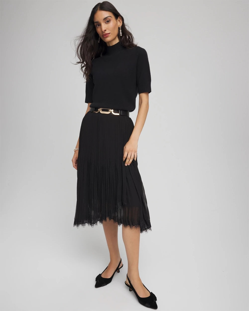 Chico's Quality - Pleated Lace Hem Midi Skirt Black