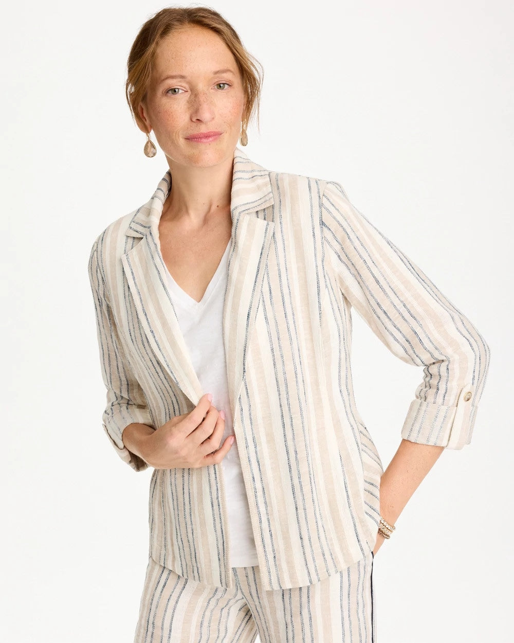 Chico's Top Pick - Striped Linen Roll Sleeve Blazer Neutral