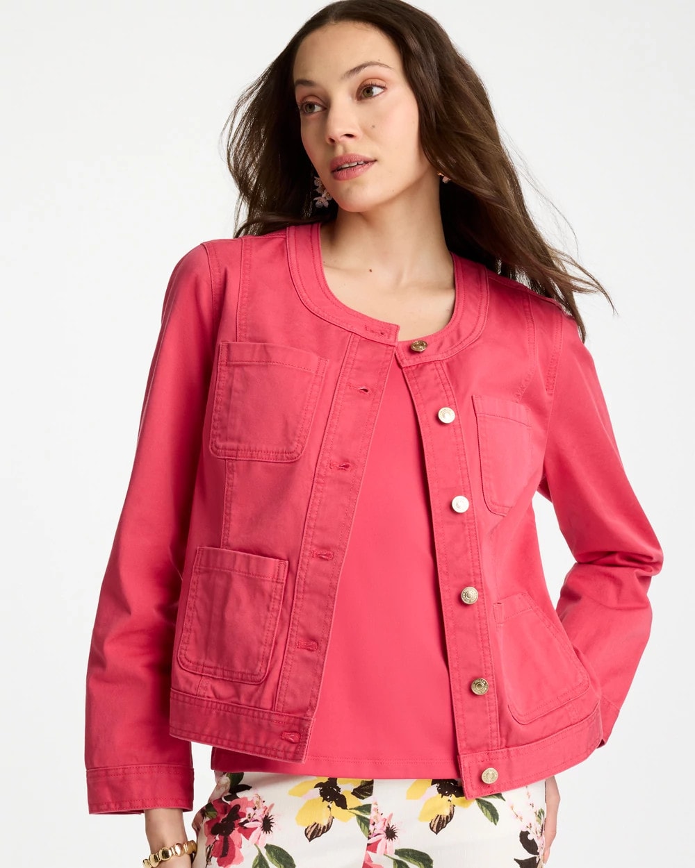 Chico's Discount - Collarless Twill Box Jacket Hot Honeysuckle