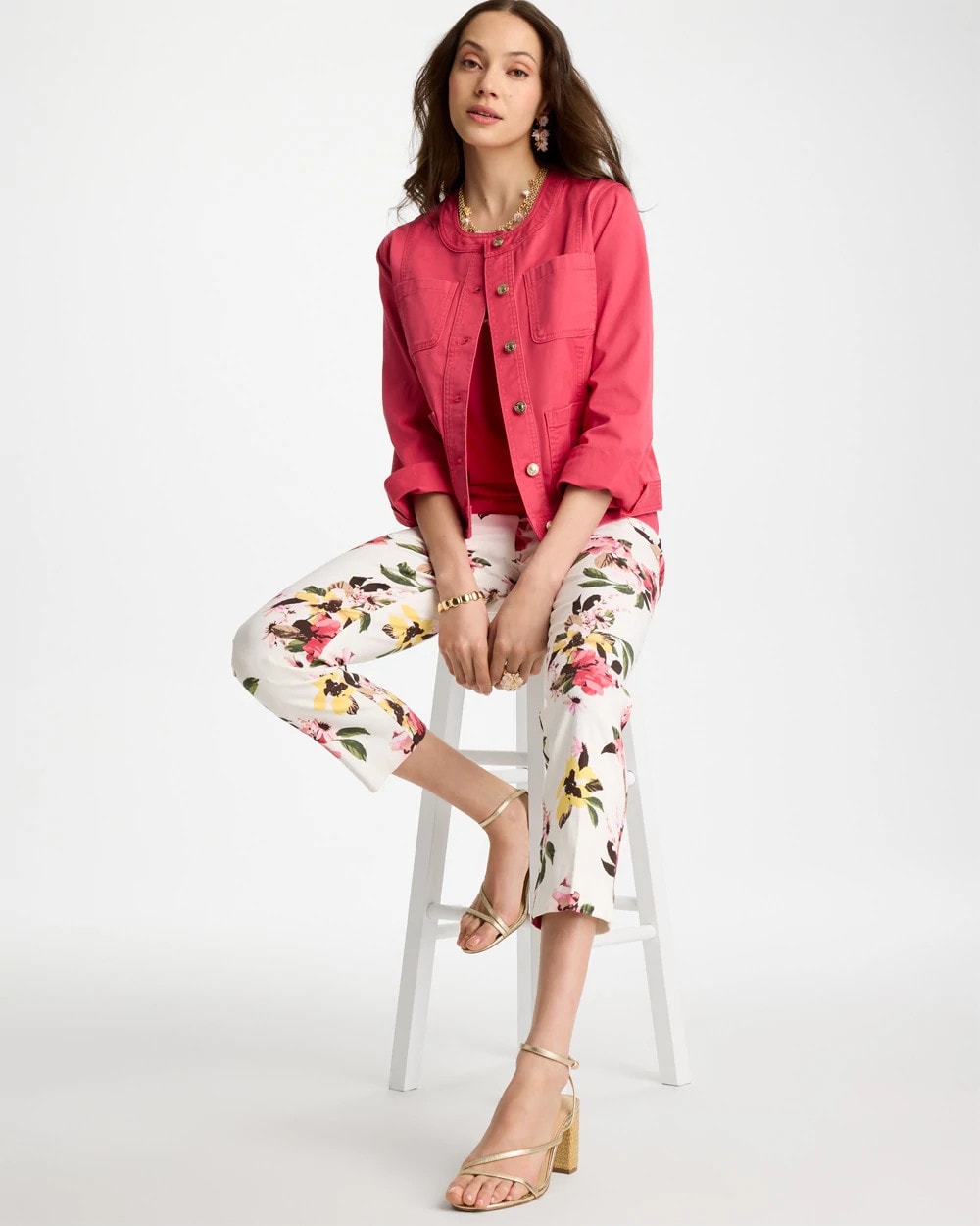 Chico's Discount - Collarless Twill Box Jacket Hot Honeysuckle