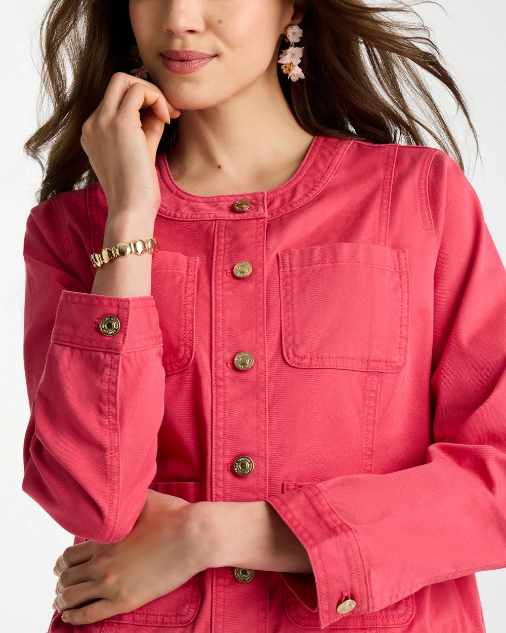 Chico's Discount - Collarless Twill Box Jacket Hot Honeysuckle