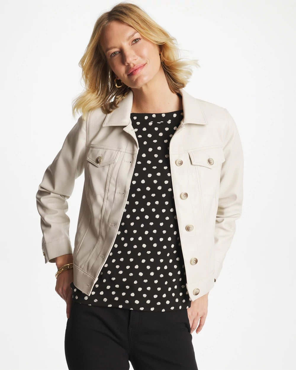 Chico's Deals - Faux Leather Trucker Jacket White Truffle