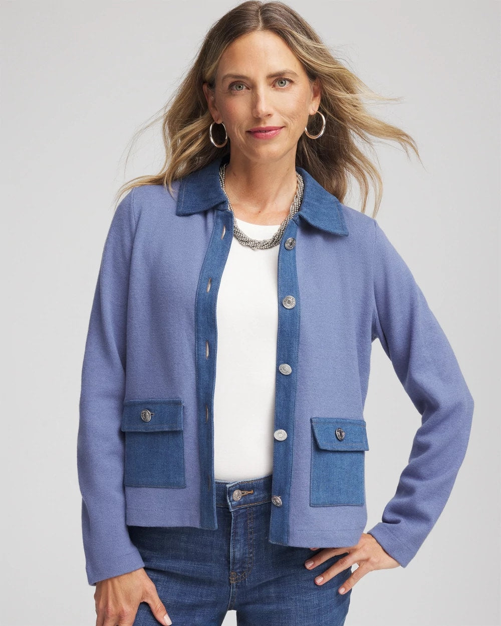 Chico's Featured - Denim Colorblock Marl Shirt Jacket Blue Lotus
