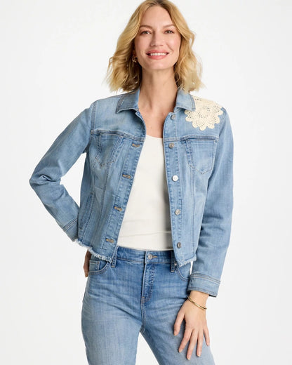 Chico's New - Embroidered Frayed Denim Trucker Jacket Coral Reef Indigo