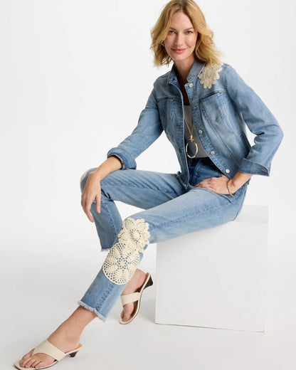 Chico's New - Embroidered Frayed Denim Trucker Jacket Coral Reef Indigo