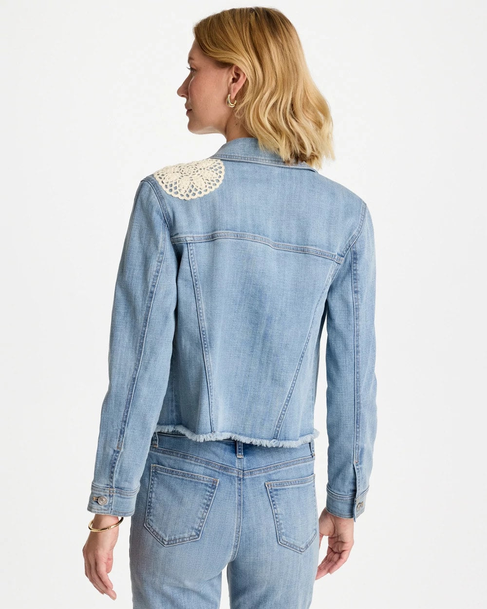 Chico's New - Embroidered Frayed Denim Trucker Jacket Coral Reef Indigo