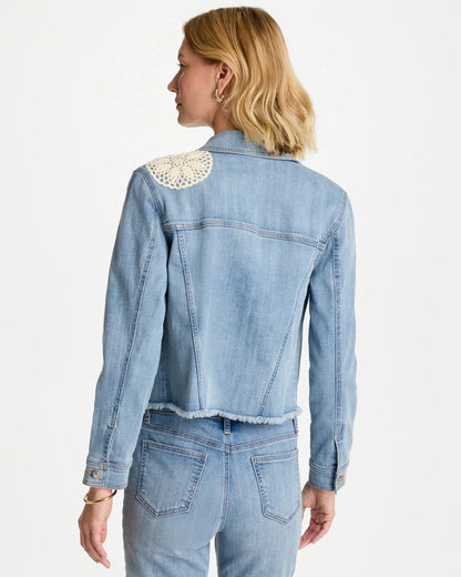 Chico's New - Embroidered Frayed Denim Trucker Jacket Coral Reef Indigo