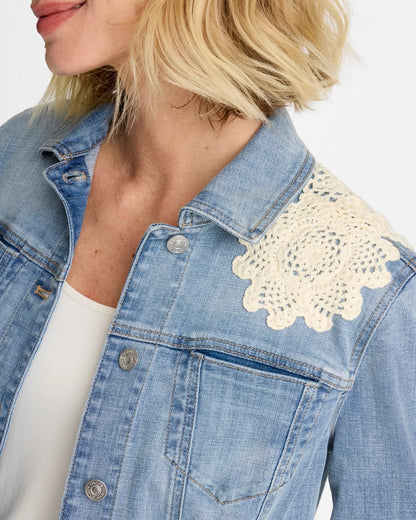 Chico's New - Embroidered Frayed Denim Trucker Jacket Coral Reef Indigo
