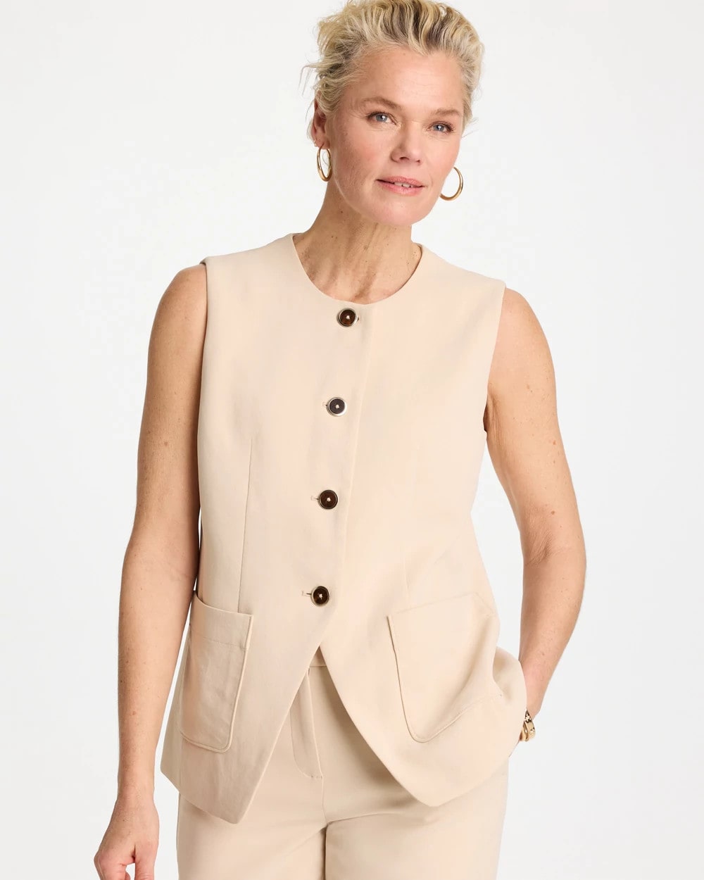 Chico's Signature - Split Hem Crepe Vest Pale Sand