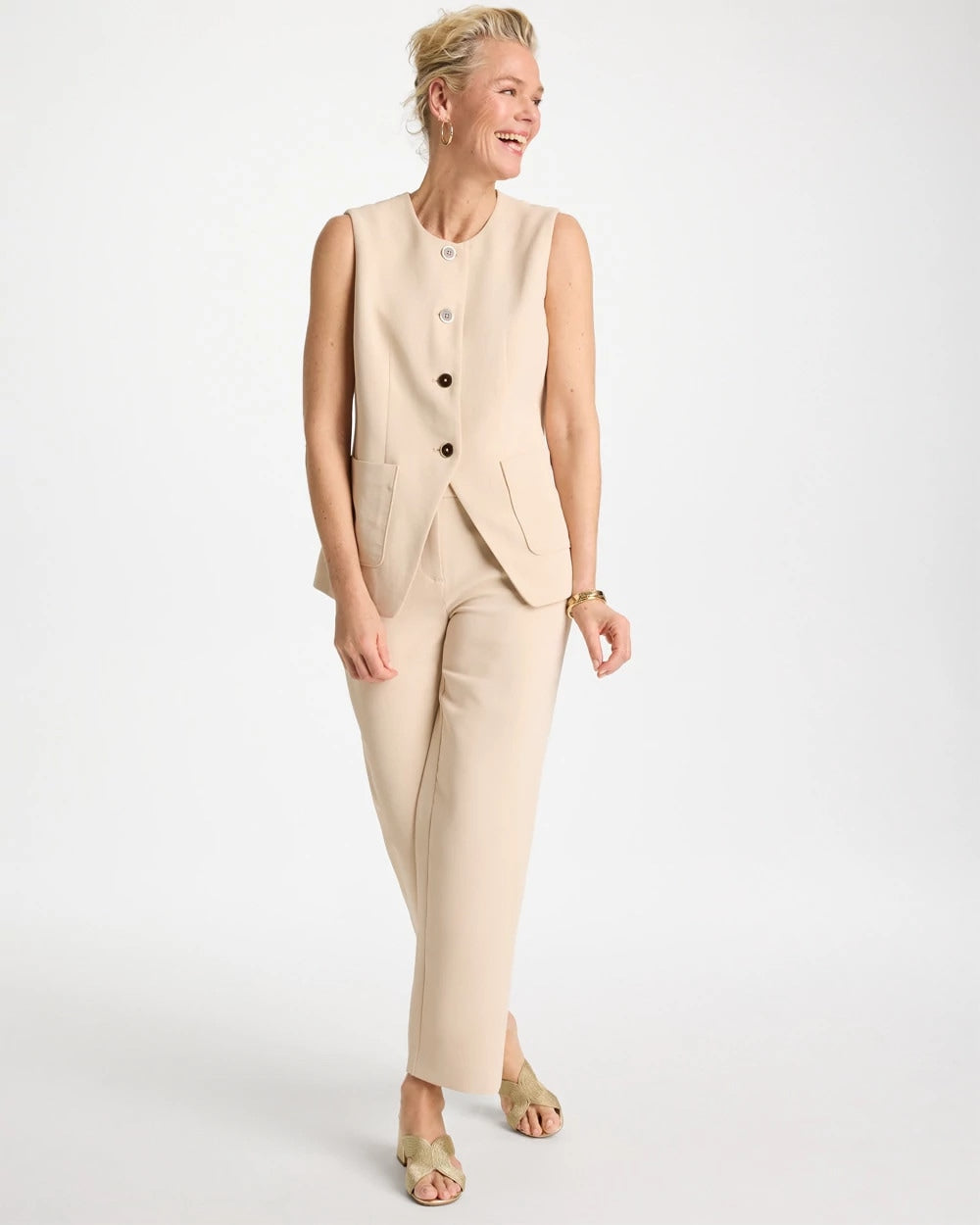 Chico's Signature - Split Hem Crepe Vest Pale Sand