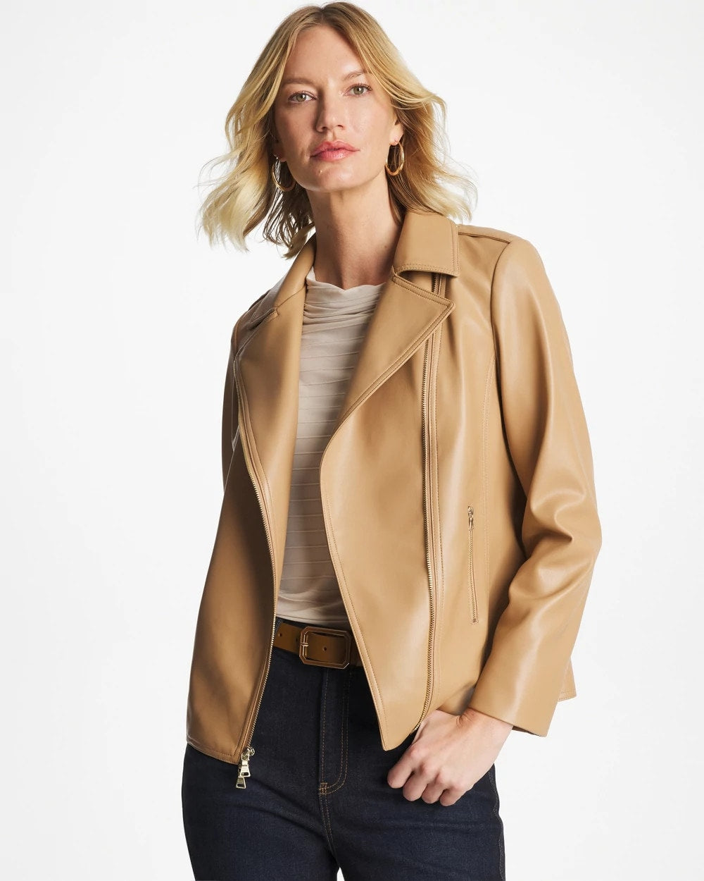 Chico's Signature - Faux Leather Moto Jacket Creme Coffee