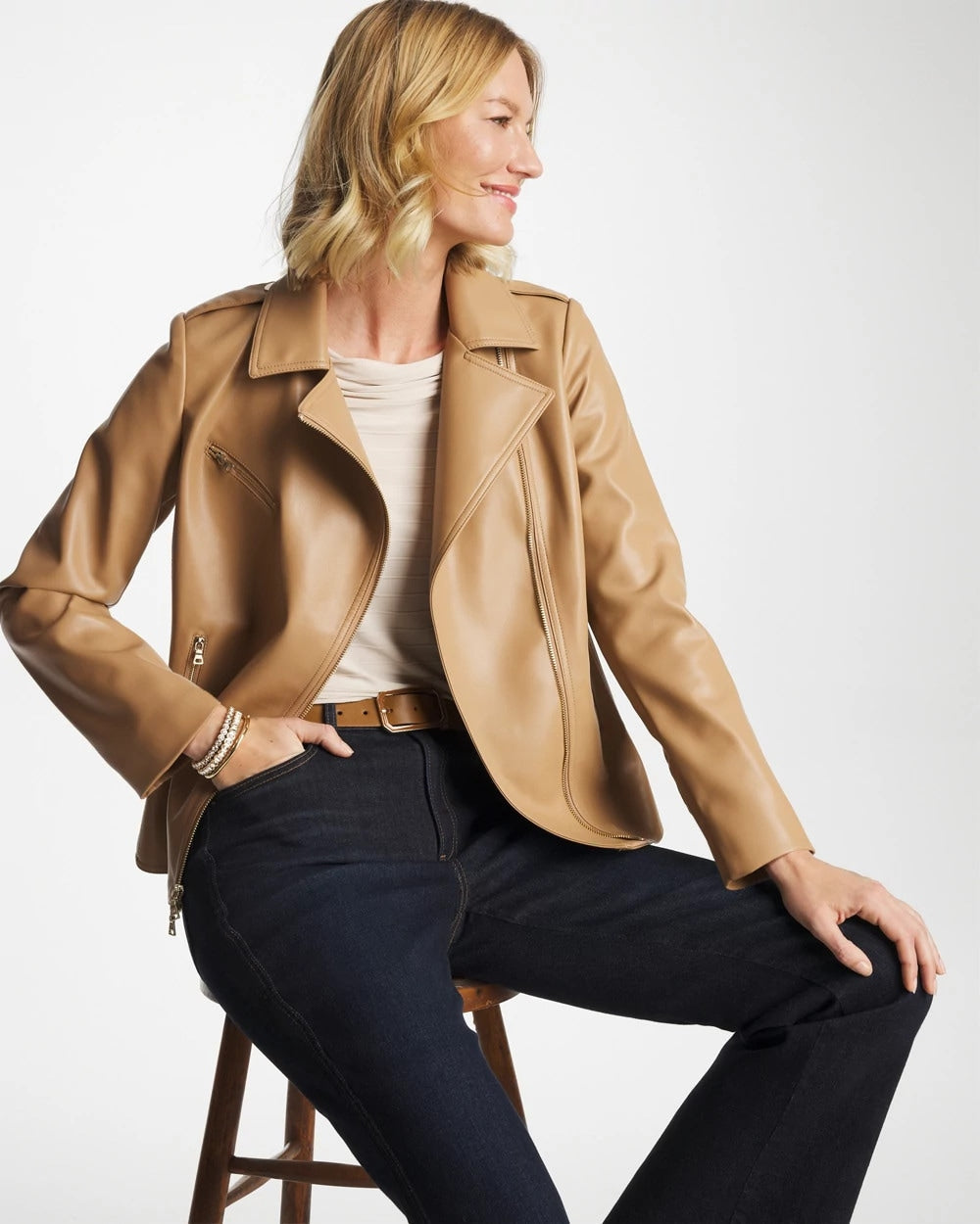 Chico's Signature - Faux Leather Moto Jacket Creme Coffee