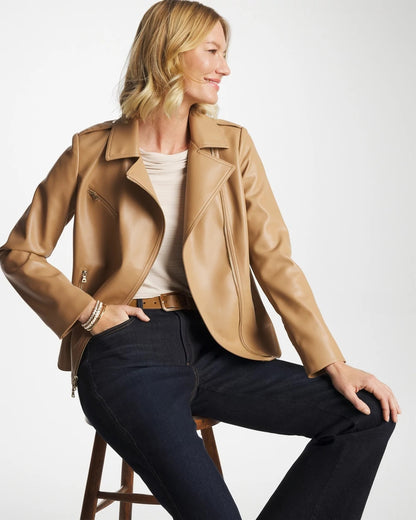 Chico's Signature - Faux Leather Moto Jacket Creme Coffee