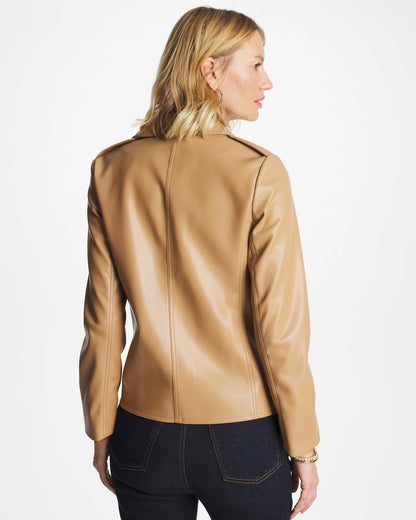 Chico's Signature - Faux Leather Moto Jacket Creme Coffee