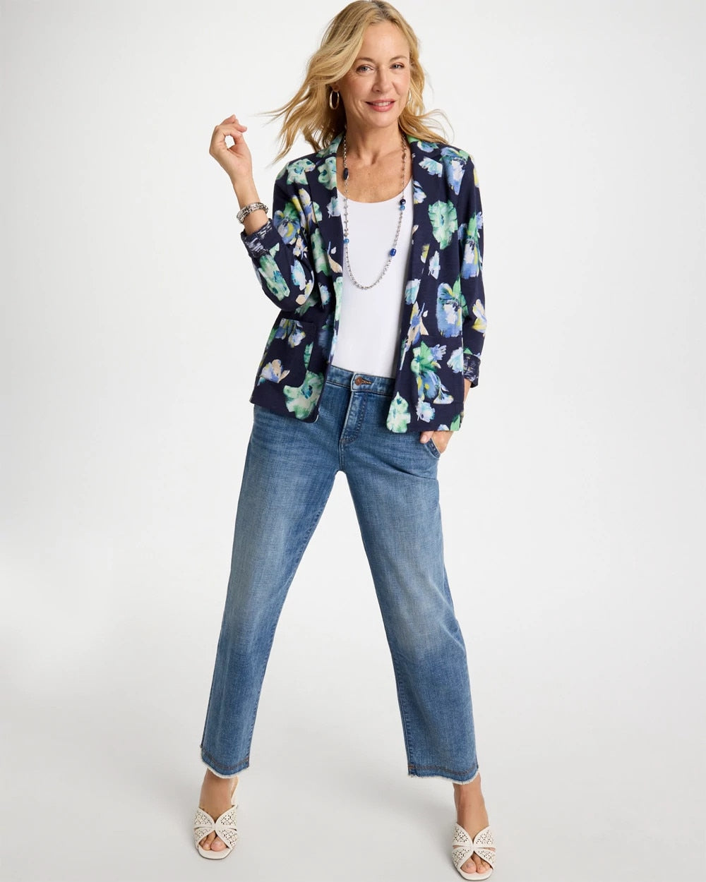 Chico's Hot Sale - Printed Slub Knit Blazer Passport Blue