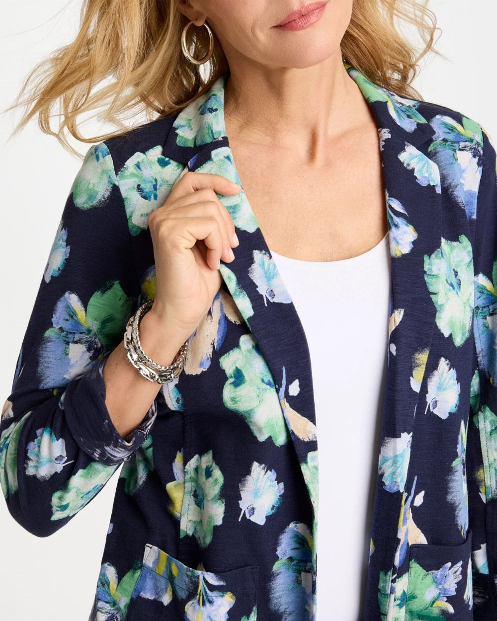 Chico's Hot Sale - Printed Slub Knit Blazer Passport Blue