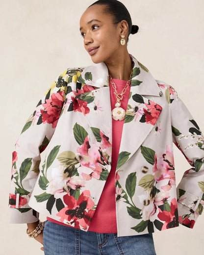 Chico's New - Cotton-Stretch Floral Trench Coat Smokey Taupe