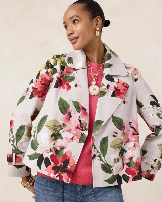 Chico's New - Cotton-Stretch Floral Trench Coat Smokey Taupe