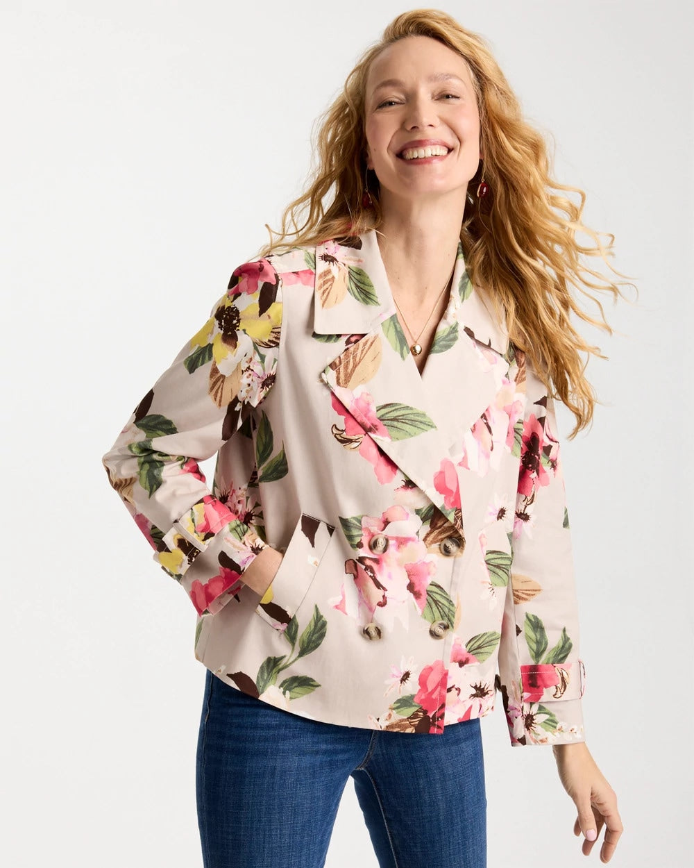 Chico's New - Cotton-Stretch Floral Trench Coat Smokey Taupe