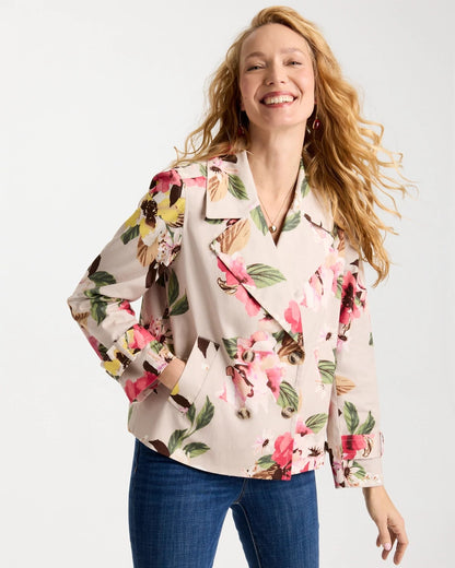 Chico's New - Cotton-Stretch Floral Trench Coat Smokey Taupe
