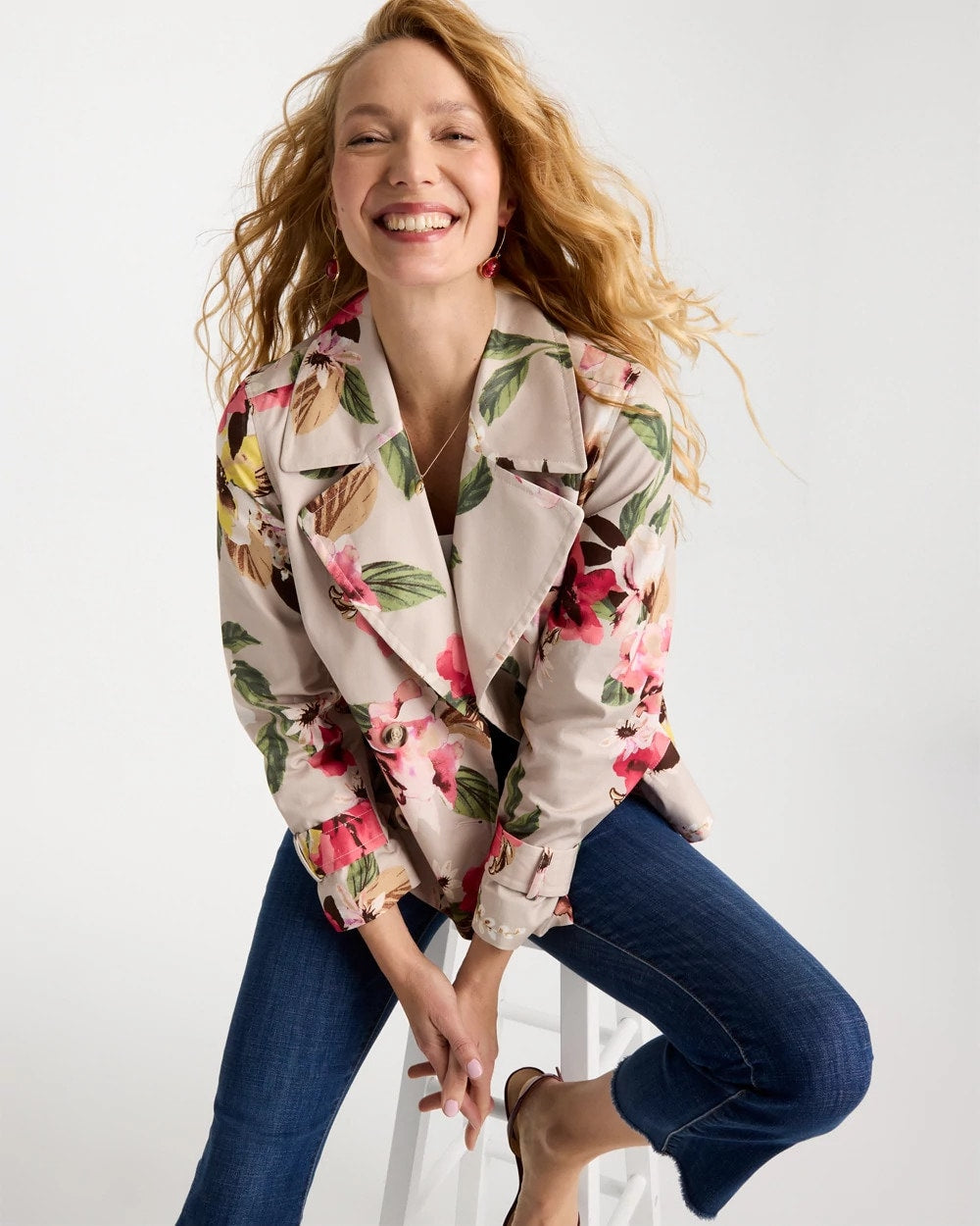 Chico's New - Cotton-Stretch Floral Trench Coat Smokey Taupe