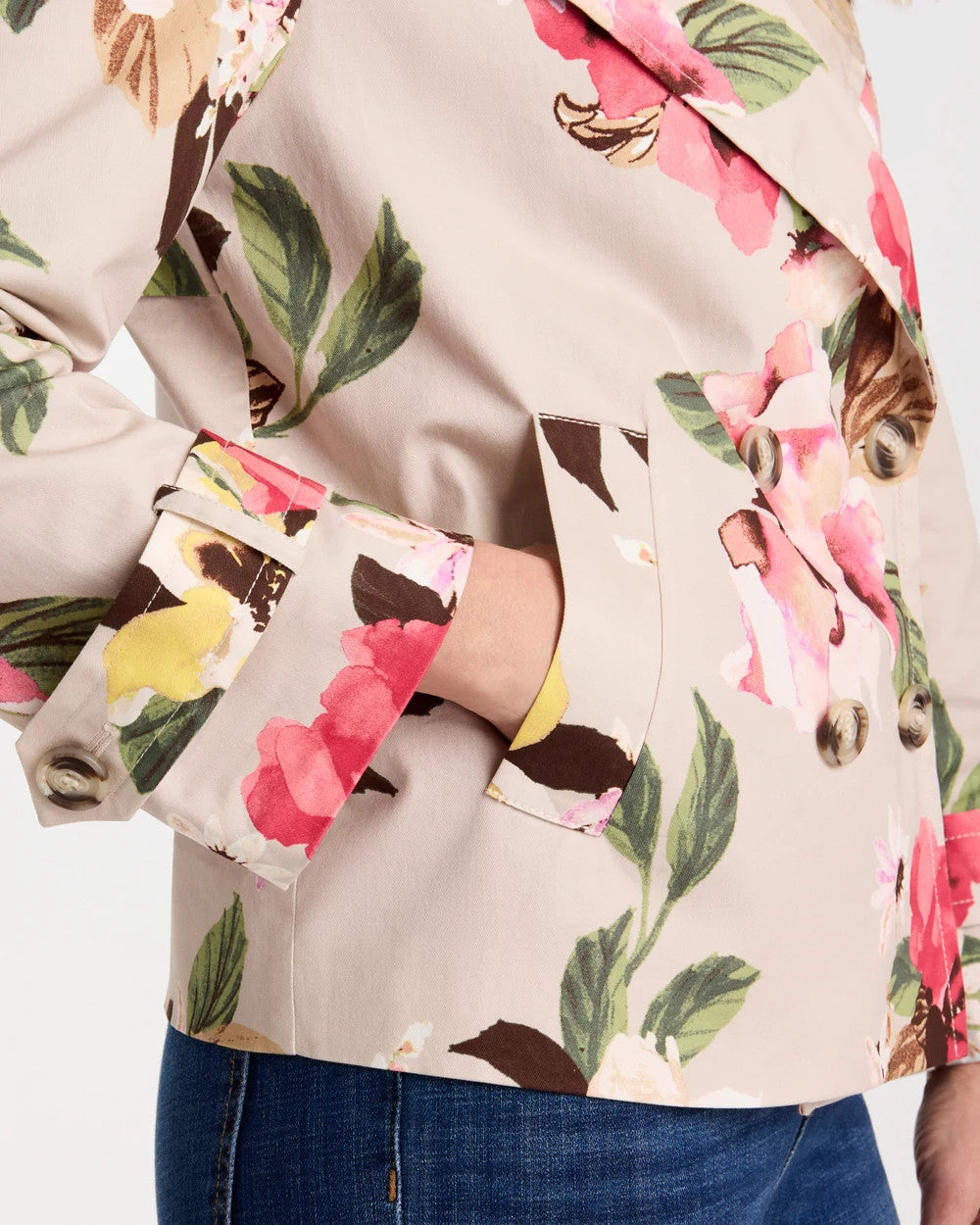 Chico's New - Cotton-Stretch Floral Trench Coat Smokey Taupe