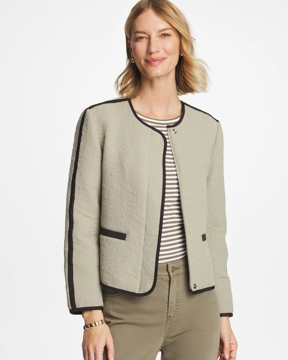 Chico's Sale - Collarless Quilted Box Jacket Seagrass Green