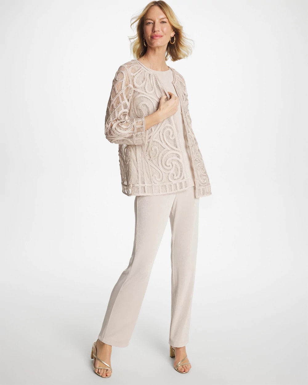 Chico's Customer Favorite - Travelers™ Short Embroidered Lace Jacket Smokey Taupe