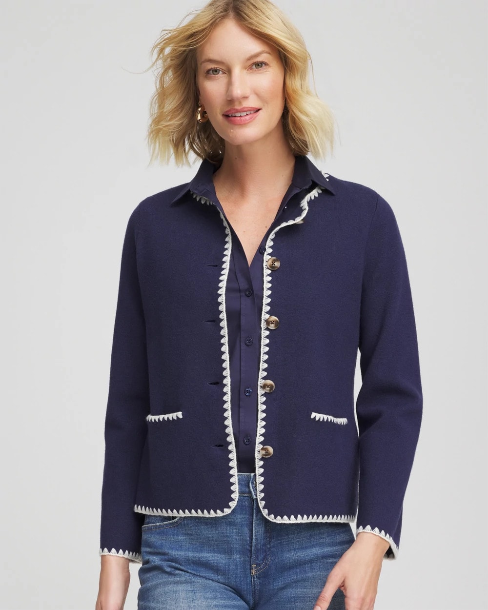 Chico's Featured - Blanket Stitch Crewneck Cardigan Passport Blue