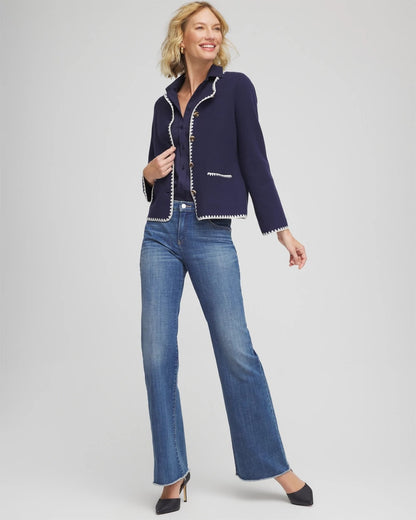 Chico's Featured - Blanket Stitch Crewneck Cardigan Passport Blue