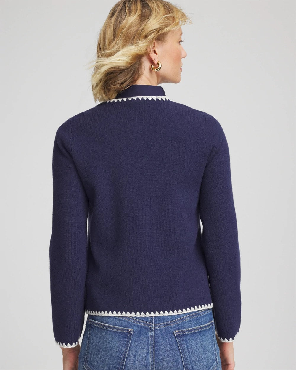 Chico's Featured - Blanket Stitch Crewneck Cardigan Passport Blue