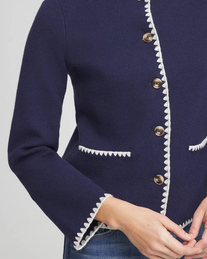 Chico's Featured - Blanket Stitch Crewneck Cardigan Passport Blue