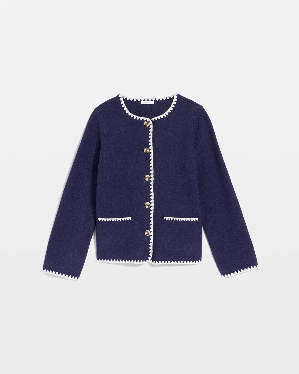 Chico's Featured - Blanket Stitch Crewneck Cardigan Passport Blue