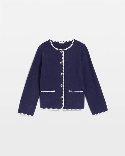 Chico's Featured - Blanket Stitch Crewneck Cardigan Passport Blue