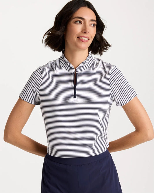 Chico's Deals - Zenergy® UPF Ruffle Striped Half Zip Passport Blue