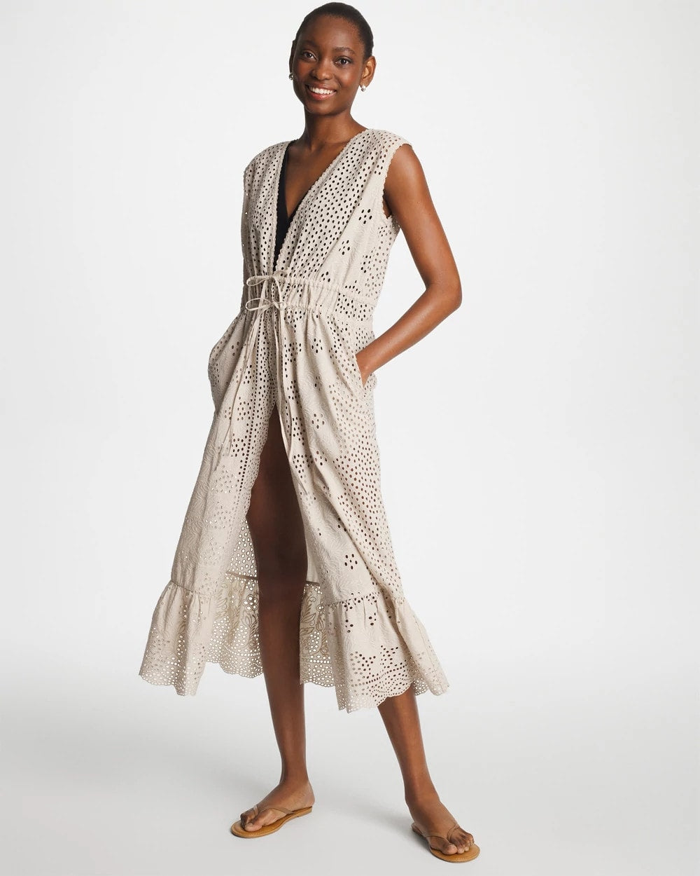 Chico's Customer Favorite - Woven Eyelet Swim Cover-Up Dress Smokey Taupe