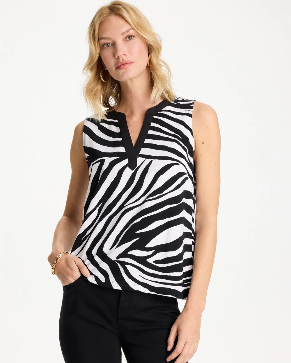 Chico's Deals - Zebra Cotton-Stretch Notch Neck Tank Black