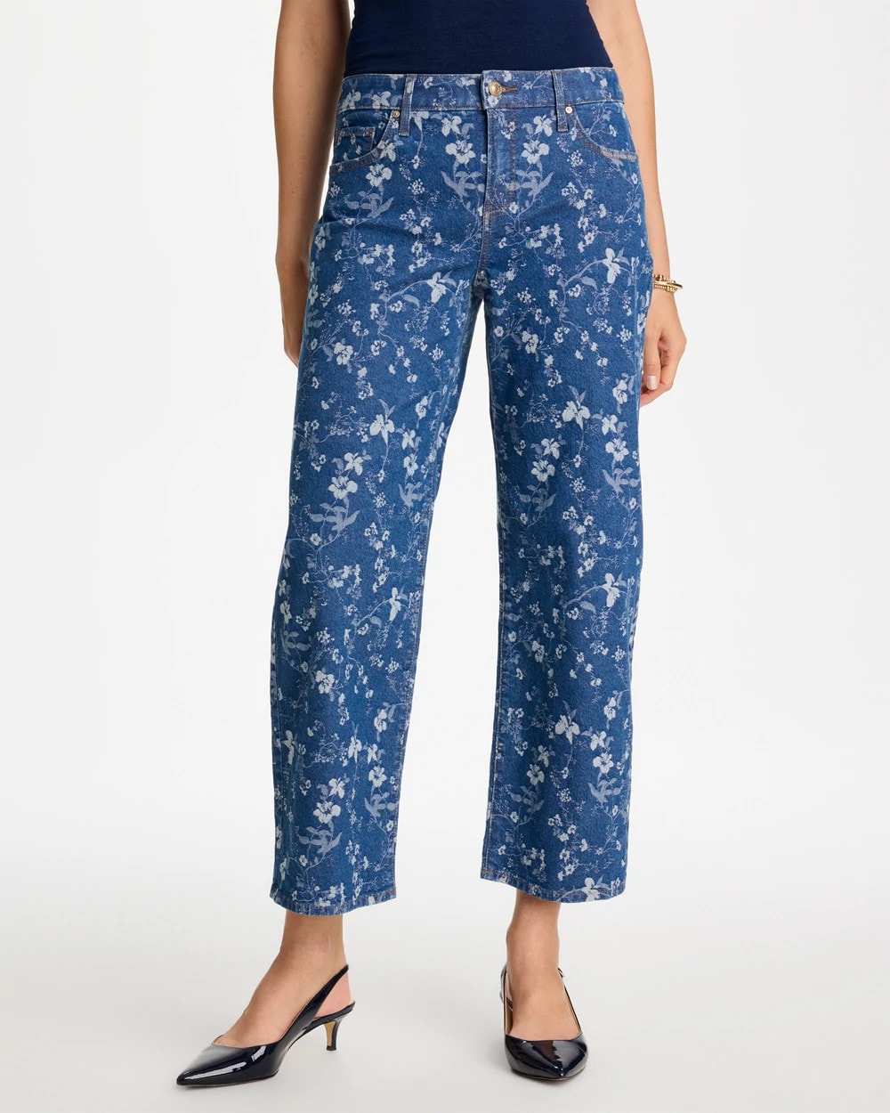 Chico's Top Pick - Girlfriend Wide Floral Crop Jean Indigo