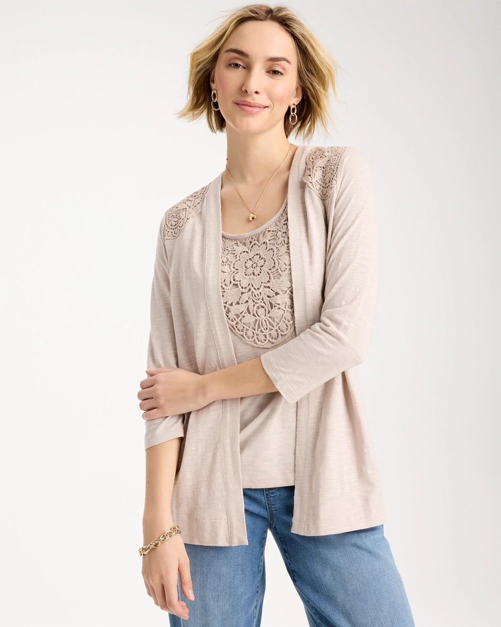 Chico's Exclusive - Embroidered Cotton Slub 3/4 Sleeve Cardigan Smokey Taupe