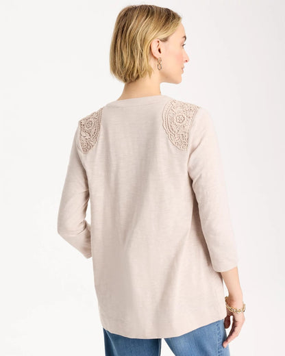 Chico's Exclusive - Embroidered Cotton Slub 3/4 Sleeve Cardigan Smokey Taupe