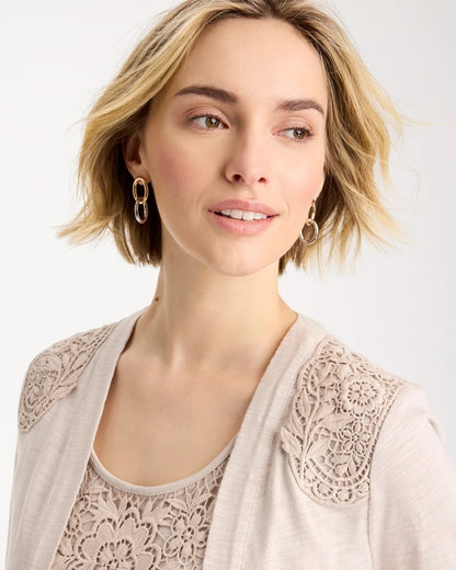 Chico's Exclusive - Embroidered Cotton Slub 3/4 Sleeve Cardigan Smokey Taupe