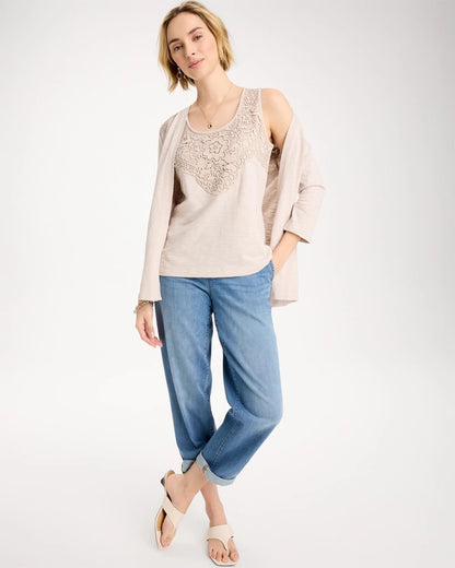 Chico's Premium - Embroidered Cotton Slub Scoopneck Tank Smokey Taupe