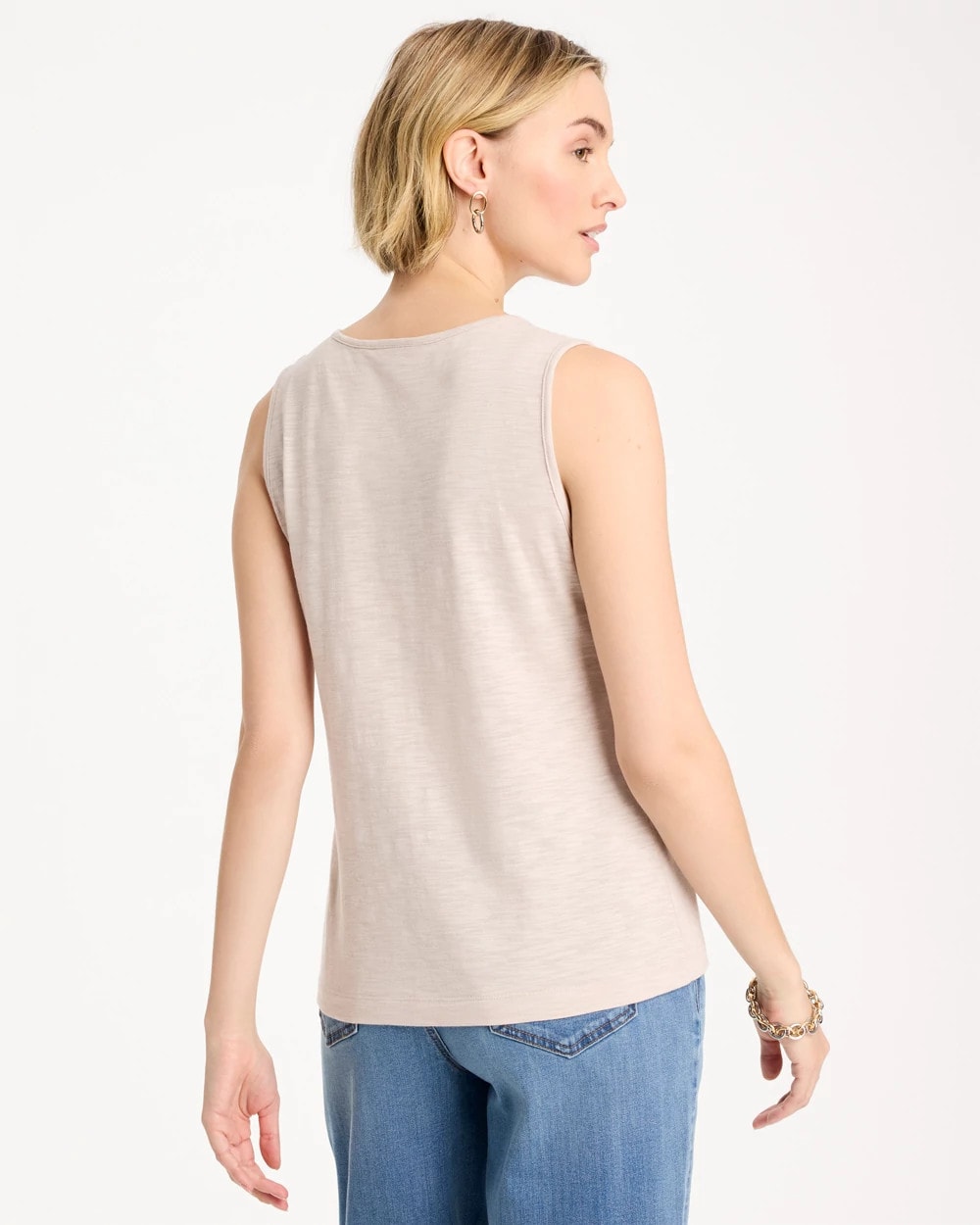 Chico's Premium - Embroidered Cotton Slub Scoopneck Tank Smokey Taupe