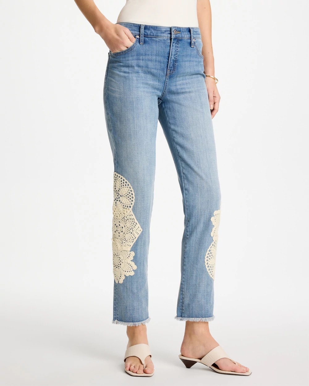 Chico's Classic - Girlfriend Slim Crochet Fray Ankle Jeans Coral Reef Indigo