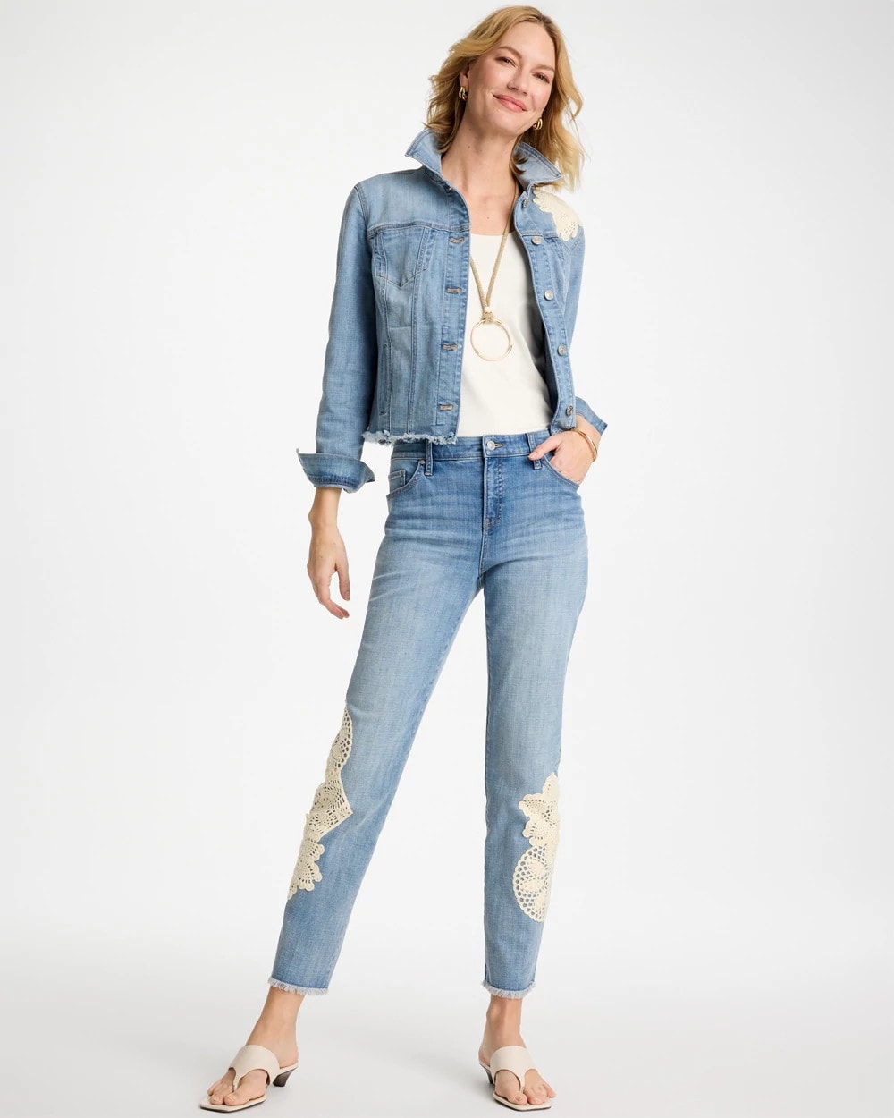 Chico's Classic - Girlfriend Slim Crochet Fray Ankle Jeans Coral Reef Indigo